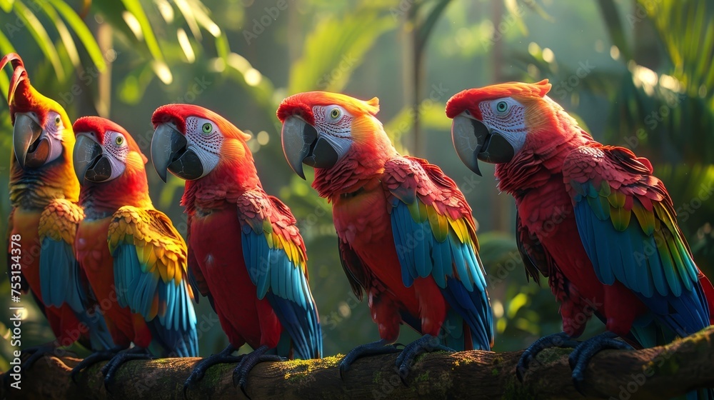 A row of colorful scarlet macaws perched on a branch, socializing in the lush greenery of the rainforest.