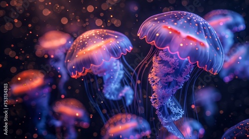 A stunning visual of jellyfish with a bioluminescent glow against a dark oceanic backdrop.
