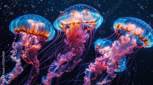 A mesmerizing group of illuminated jellyfish  gracefully floating in the depths of the ocean.