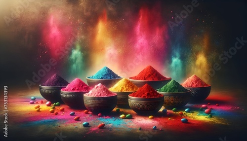 Holi celebration background with bowls of colorful powder.