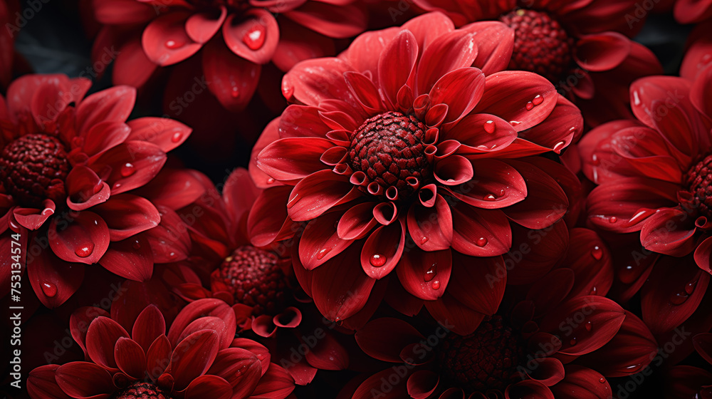 rich red flowers with dew drops on the petals - obrazy, fototapety, plakaty 