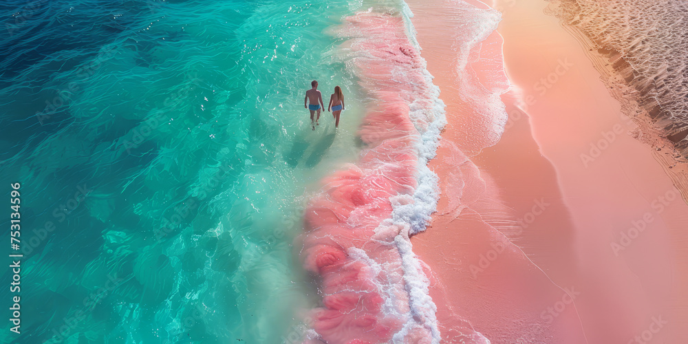 A parent and children walking hand in hand along a pristine sandy beach with clear turquoise waters under a sunny sky..