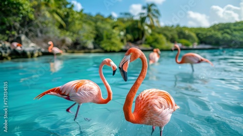 A serene gathering of flamingos in a crystal clear tropical water sanctuary, with lush greenery in the background.