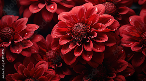 rich red flowers with dew drops on the petals