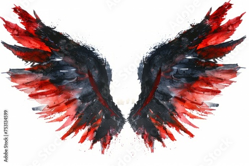 A pair of red and black wings spread out against a clean white backdrop.