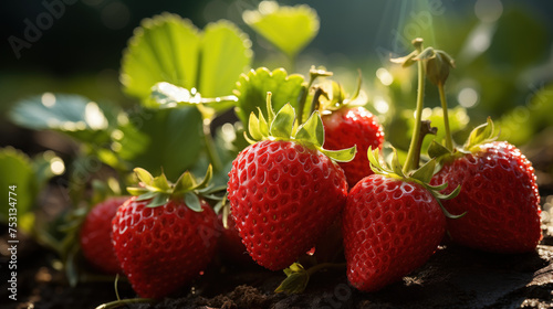 strawberry berries on dark soil against green leaves. The berries are illuminated by sunlight