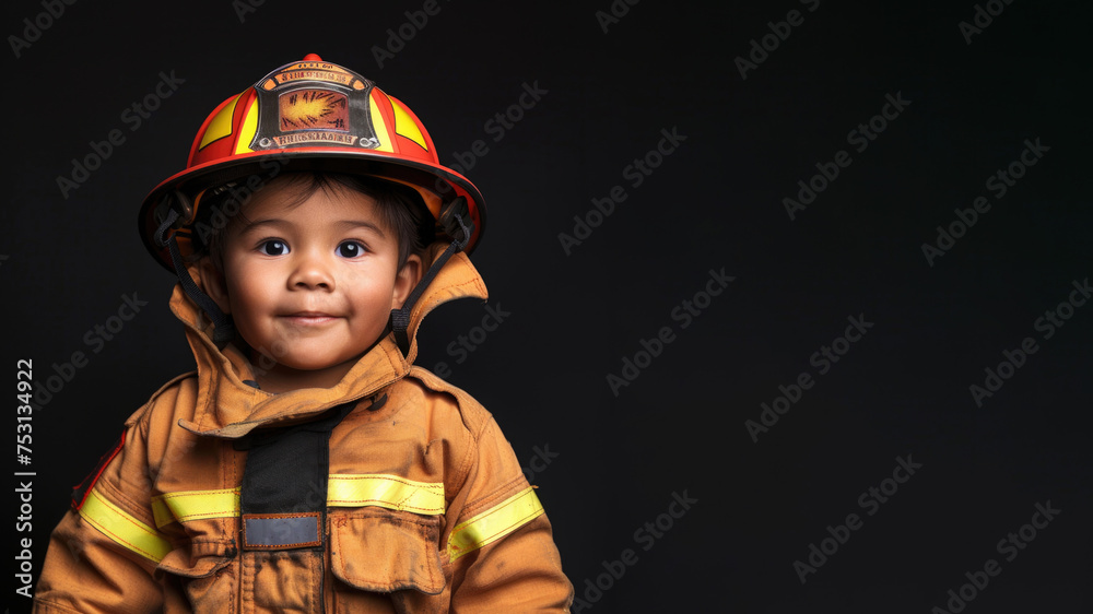 portrait of little latin boy dressed up as a firefighter isolated on black background portrait of little latin boy dressed up as a firefighter isolated on black background
