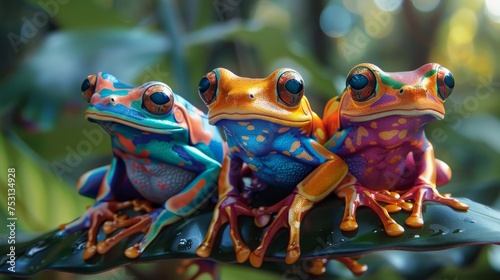 Three vividly colored tree frogs posing on a wet leaf in a tropical rainforest environment.