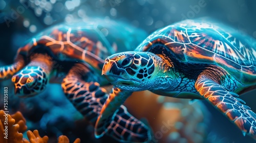 This stunning image showcases sea turtles with a spectacularly artistic design swimming gracefully among a coral reef. photo