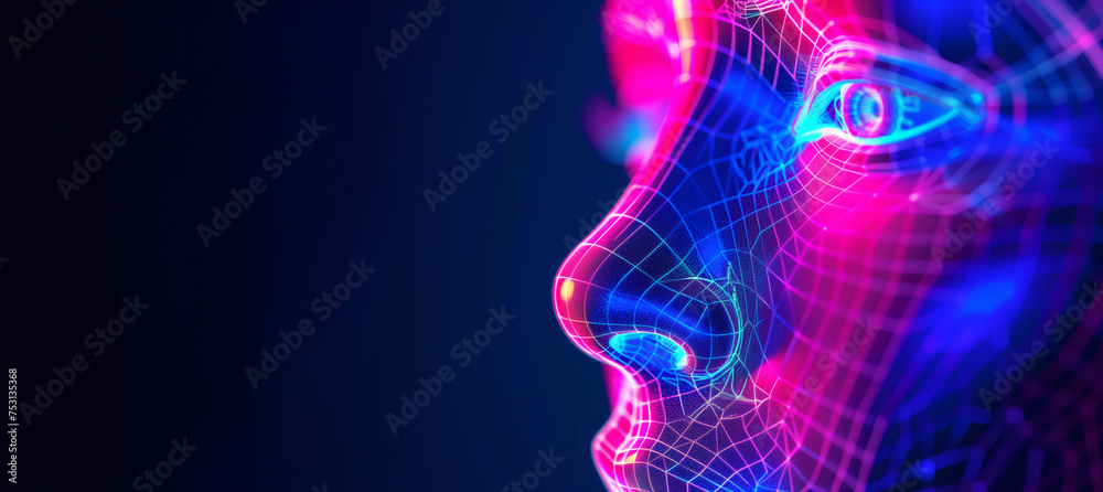 pink and blue 3d mesh of a persons face, representing biometrics, cyber security and facial recognition software, with copy space - obrazy, fototapety, plakaty 