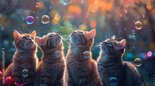 Four adorable kittens gaze upward with enchanting curiosity at shimmering soap bubbles against a bokeh of lights.