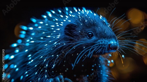 Close-up of a porcupine enhanced with blue lights against a dark, bokeh background. © Sodapeaw