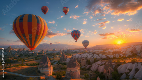 Colorful hot air balloons floating over Cappadocia's unique landscape during a vibrant sunrise..