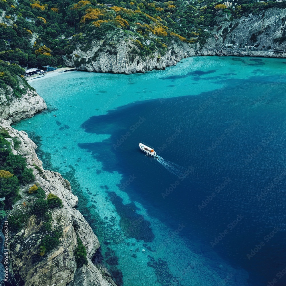 A boat in the lagoon. View of the sea bay and a lone boat from a drone. Blue sea water