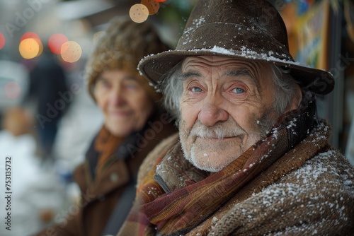 Senior man with a snowy hat looking at the camera, with a smiling elderly woman slightly blurred in the background