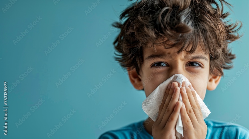 Little caucasian child boy blow his nose. Sick child with napkin . Allergic kid, flu season. Kid with cold rhinitis, get cold snot nose. virus and infection Little caucasian child boy blow his nose. Sick child with napkin . Allergic kid, flu season. Kid with cold rhinitis, get cold snot nose. virus and infection