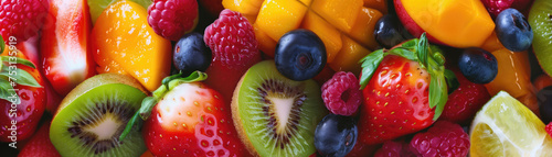A vibrant array of fresh fruits, including strawberries, kiwis, and blueberries, creates a colorful mosaic of healthy choices.