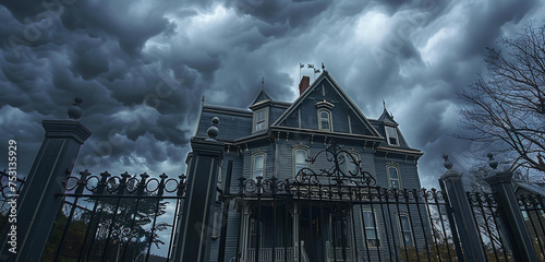 A 2-story 19th-century house in Tremont under a stormy sky, its dramatic dark gray walls and light gray gable roof standing bold and proud behind a classic wrought iron gate photo