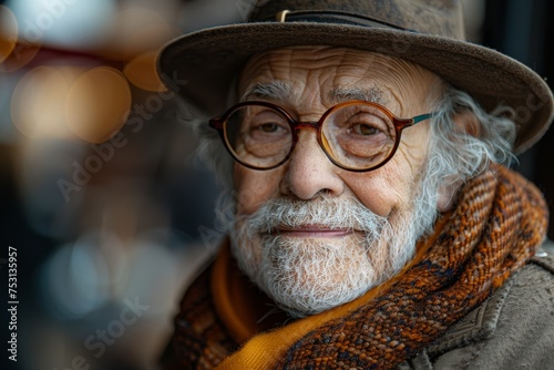 Detailed portrayal of an elderly man with a warm smile and stylish glasses