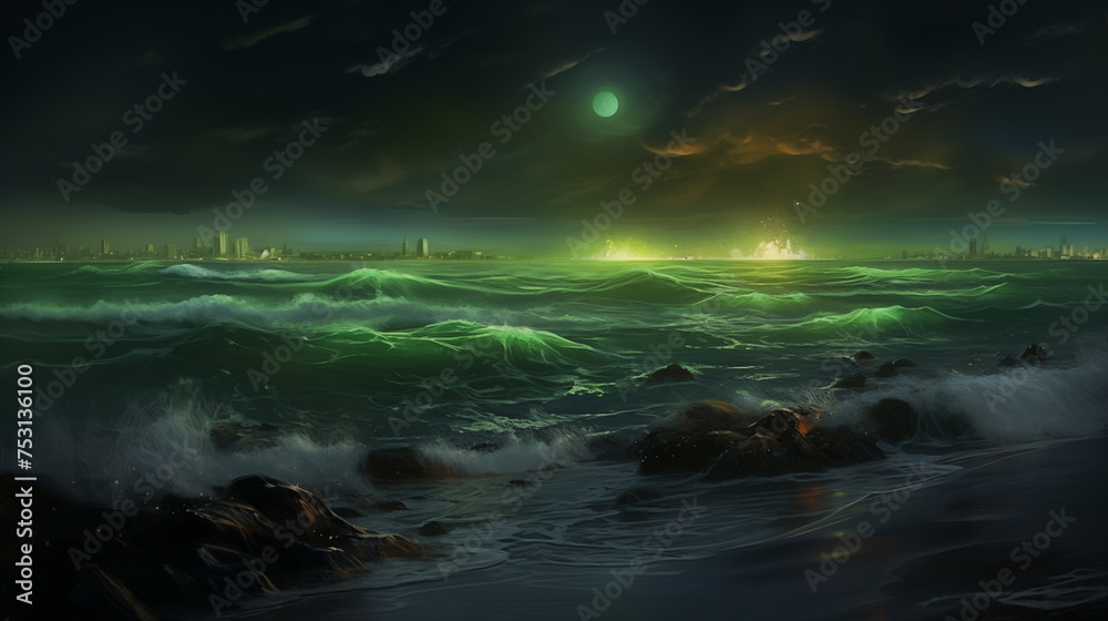 Oceanic Night Symphony: A captivating landscape blending waves, clouds, and the night sky, creating a serene and abstract masterpiece of nature's beauty
