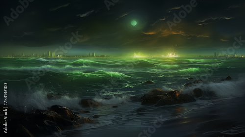 Oceanic Night Symphony: A captivating landscape blending waves, clouds, and the night sky, creating a serene and abstract masterpiece of nature's beauty © Preeyada