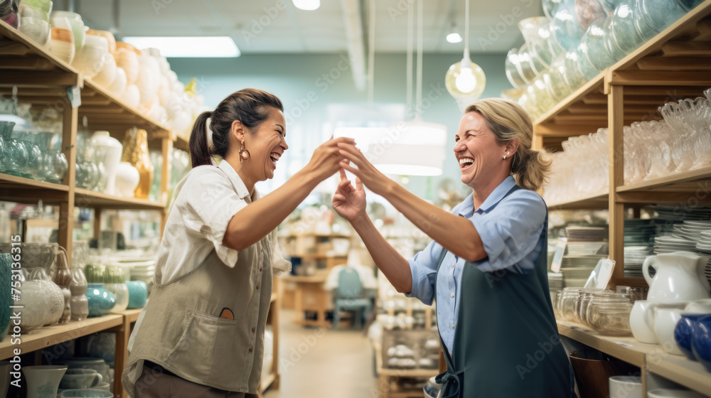 Two smiling women in a cafe setting giving each other a high five Two smiling women in a cafe setting giving each other a high five