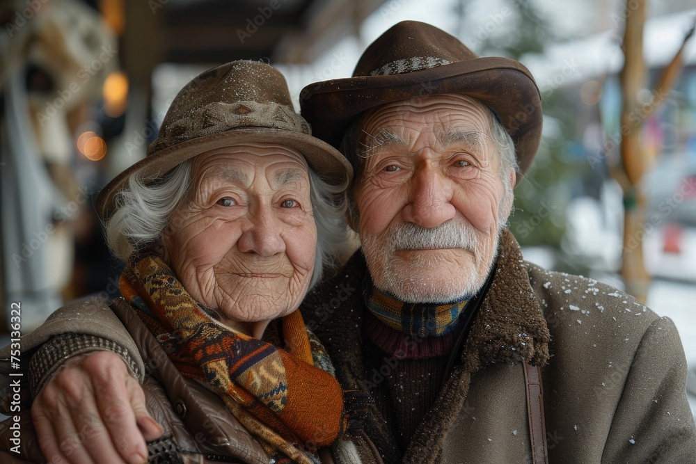 An elder couple wearing warm hats and coats smiling softly in a snowy setting