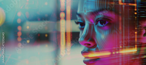portrait of a woman behind a futuristic transparent digital display