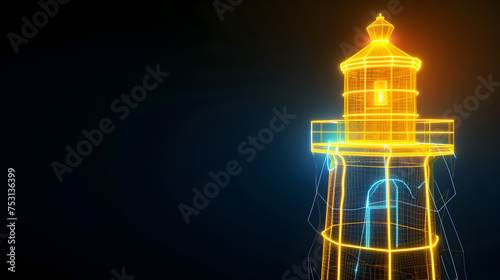 Neon wireframe lighthouse with glowing yellow light isolated on black background.