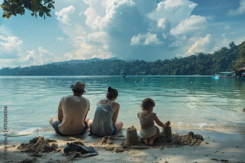 Fototapeta premium A family enjoys a bonding moment while constructing a sandcastle on a sunny tropical beach with clear blue waters..