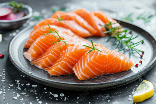 Slices of fresh salmon sashimi presented on a ceramic plate, garnished with herbs, ready for a Japanese cuisine experience..