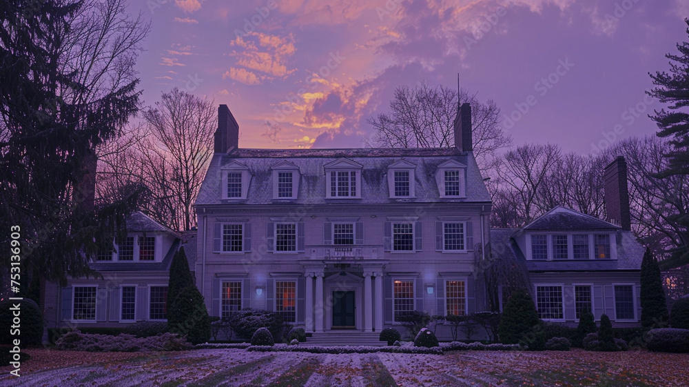 A dusky twilight scene of a colonial mansion in Shaker Heights, viewed directly, its soft lavender facade and silver dormers reflecting the fading light