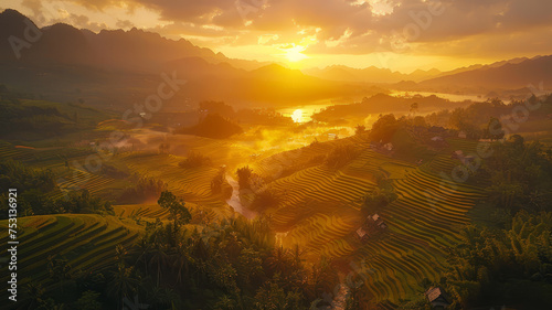 The sun rises  casting golden light over lush green rice terraces enveloped in morning mist among majestic mountains..