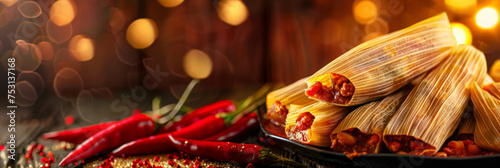 Mexican  tamales of corn leaves with chili and sauces  on a dark backdrop. Mexican traditional food banner with top view and a big space for text or product, photo