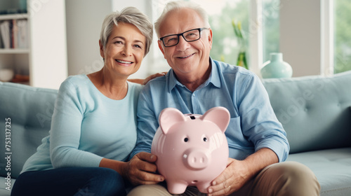 Cheerful senior couple sitting closely together on a sofa, holding a piggybank, symbolizing financial security and savings in their retirement years.