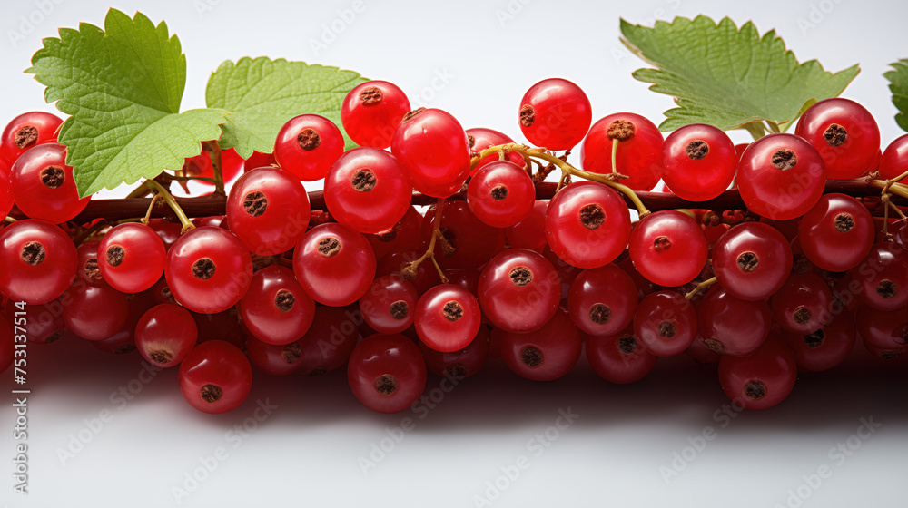 A handful of fresh red currants and green leaves on a white background.