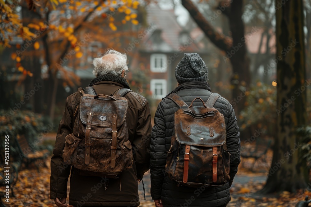 Back view of a couple carrying matching leather backpacks during a fall season walk in a park