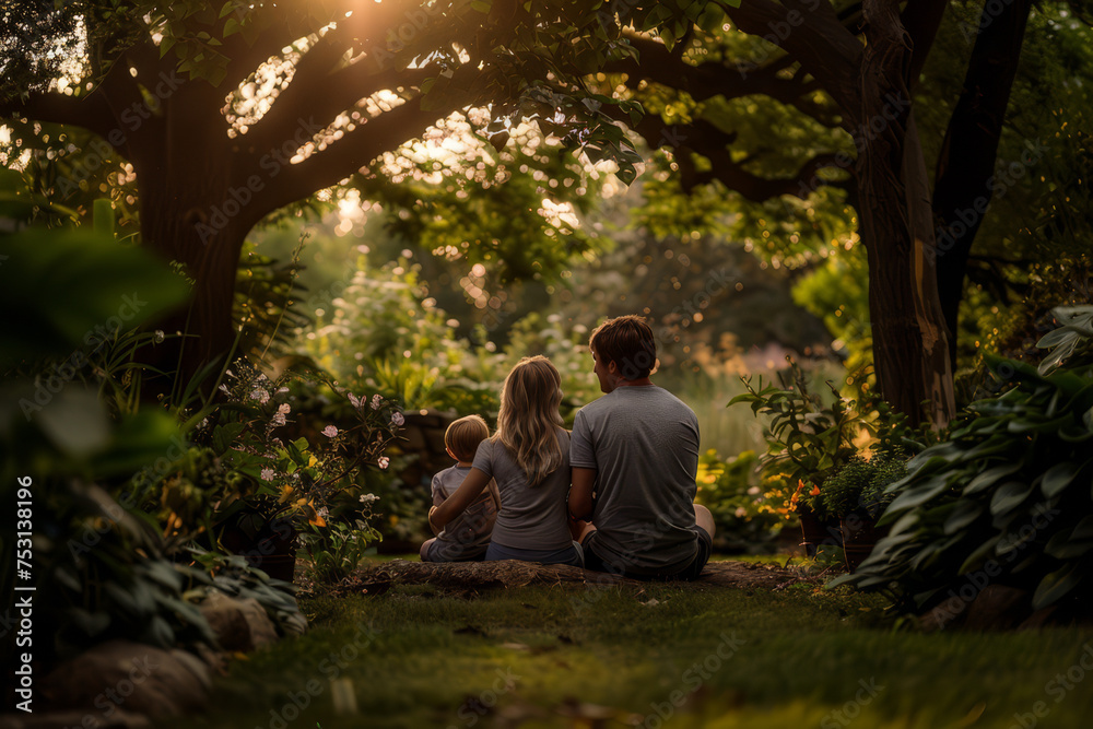 A father sits with his daughters in a lush garden, enjoying the serene beauty of nature and each other's company at dusk..