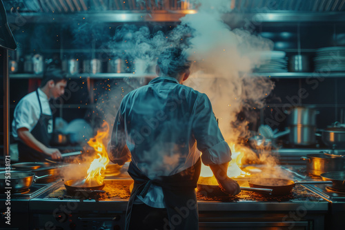 A chef in a white uniform expertly prepares a flambe dish, flames leaping from the pan, in a busy professional kitchen setting..