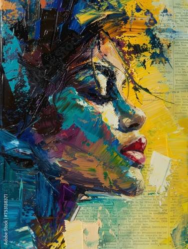 A painting featuring the detailed face of a woman on the surface of a newspaper page  showcasing intricate details and textures.