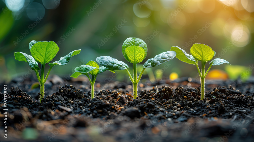 Young sprouts of plants sprouting from fertile soil against the backdrop of sunlight. Young sprouts of plants sprouting from fertile soil against the backdrop of sunlight.