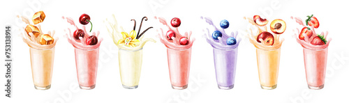 Glass with splash. Fruit milk, yogurt, milkshake set. Hand drawn watercolor illustration isolated on white background photo