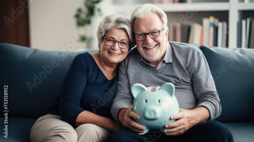Cheerful senior couple sitting closely together on a sofa, holding a piggybank, symbolizing financial security and savings in their retirement years.