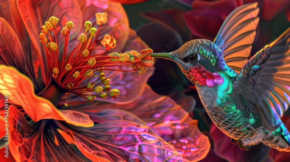 A colorful hummingbird hovers while feeding on nectar from bright exotic flowers in a vivid close-up.