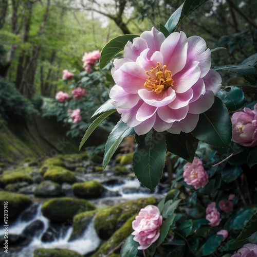 Blooming Japanese camellia in the wild