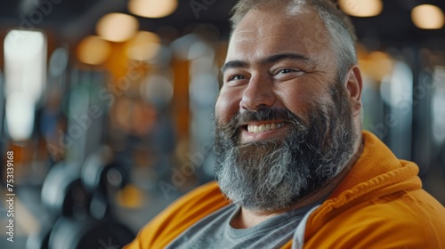 close-up 35 year old obese man with no beard in gym, smiling, clothes complementary colors gym scene with ambient light, out of focus background showing gym and people exercising