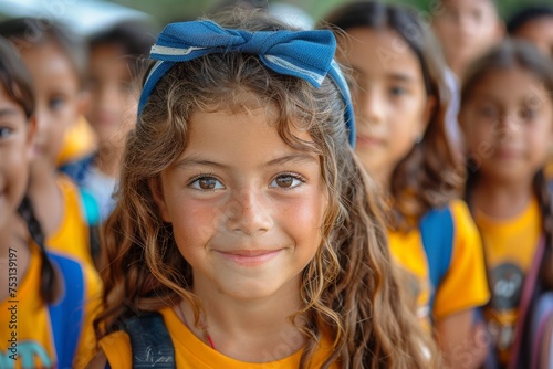 Cheerful young schoolgirl with a blue bow in her hair and a school uniform