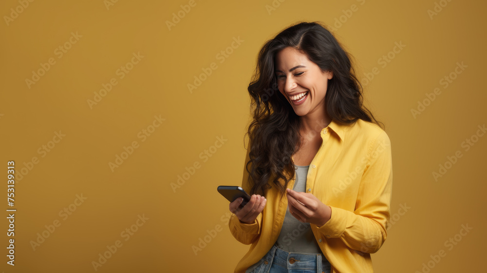 Young woman smiling and holding her smartphone on a colored background Young woman smiling and holding her smartphone on a colored background