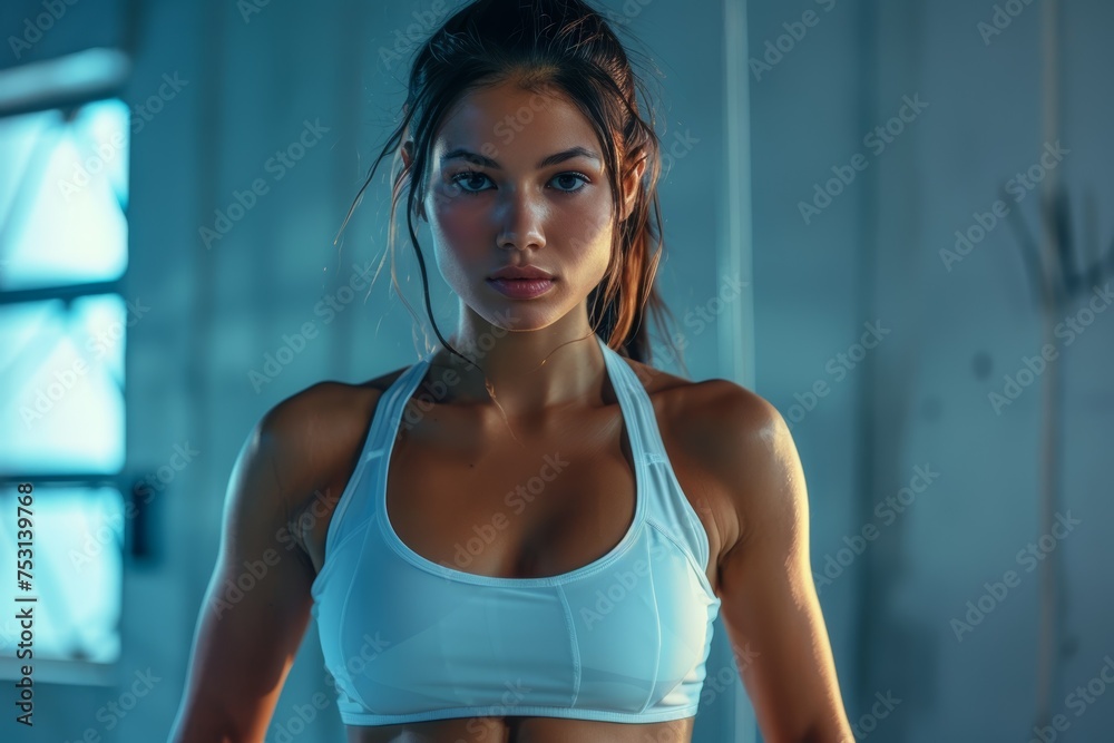 Fitness Woman in Gym - White Outfit with Blue Background