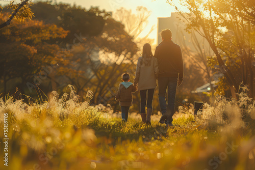 A young family is walking hand in hand along a lush, sunlit park path, exuding happiness and tranquility..
